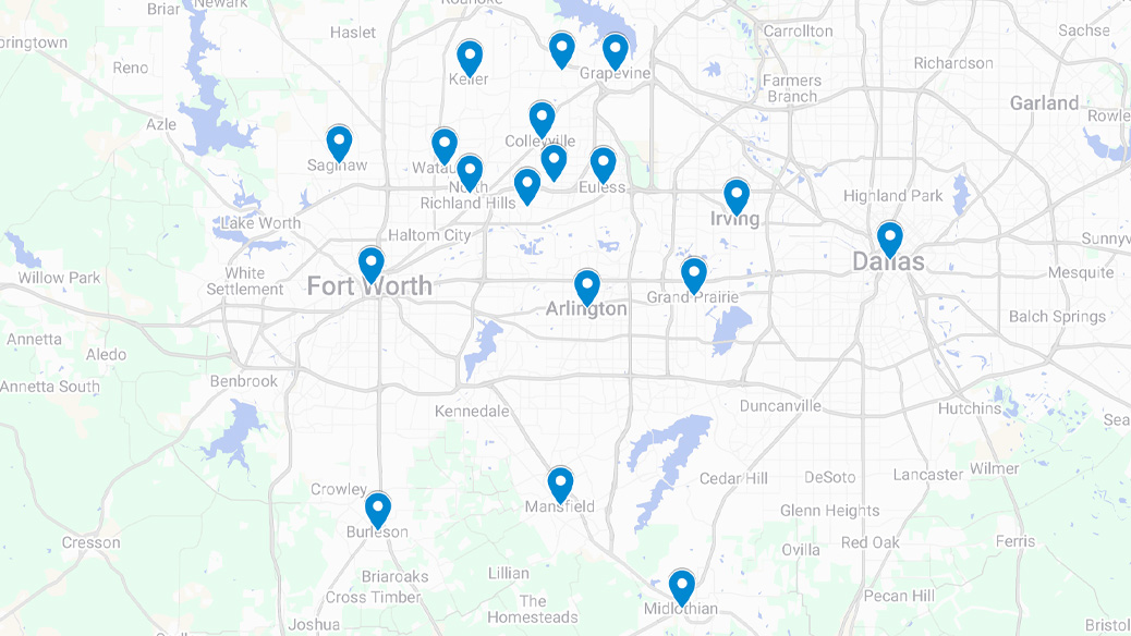 Map Map showing service areas across DFW with location pins